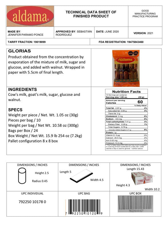 Glorias milk candy with chopped Pecans (Box of 3 bags of 10pc of 30g each)