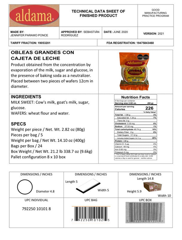 Obleas Grandes con dulce de leche (4 bags of 80g each)